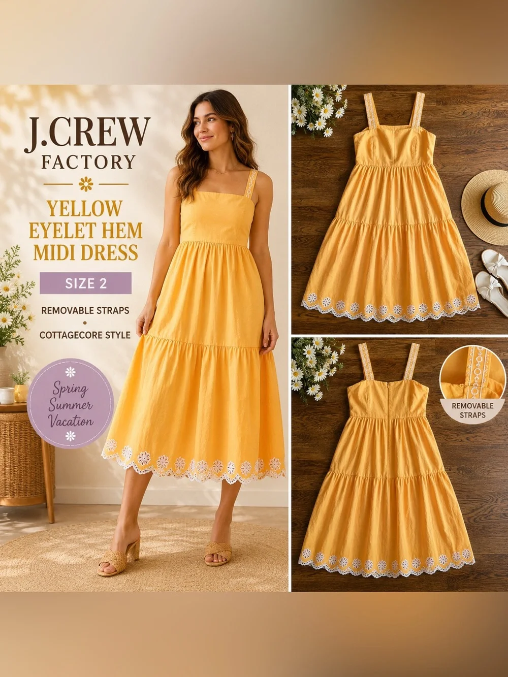 J.Crew Factory Eyelet HemMidi Dress Size 2 Cottagecore Coastal Grandmother